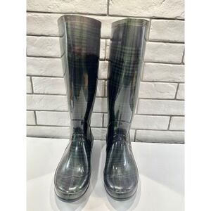 143‎ Girl Women's Plaid Rain Boots Size 8 Knee High Waterproof Green Black